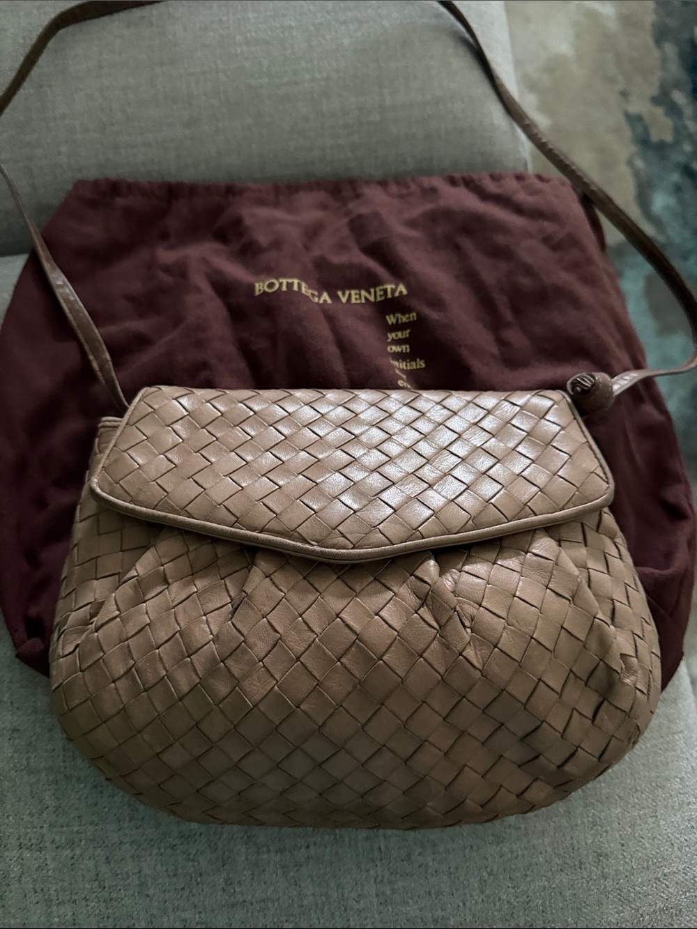BOTTEGA VENETA Taupe Intrecciato Leather Shoulder Bag with dust bag. Butter soft